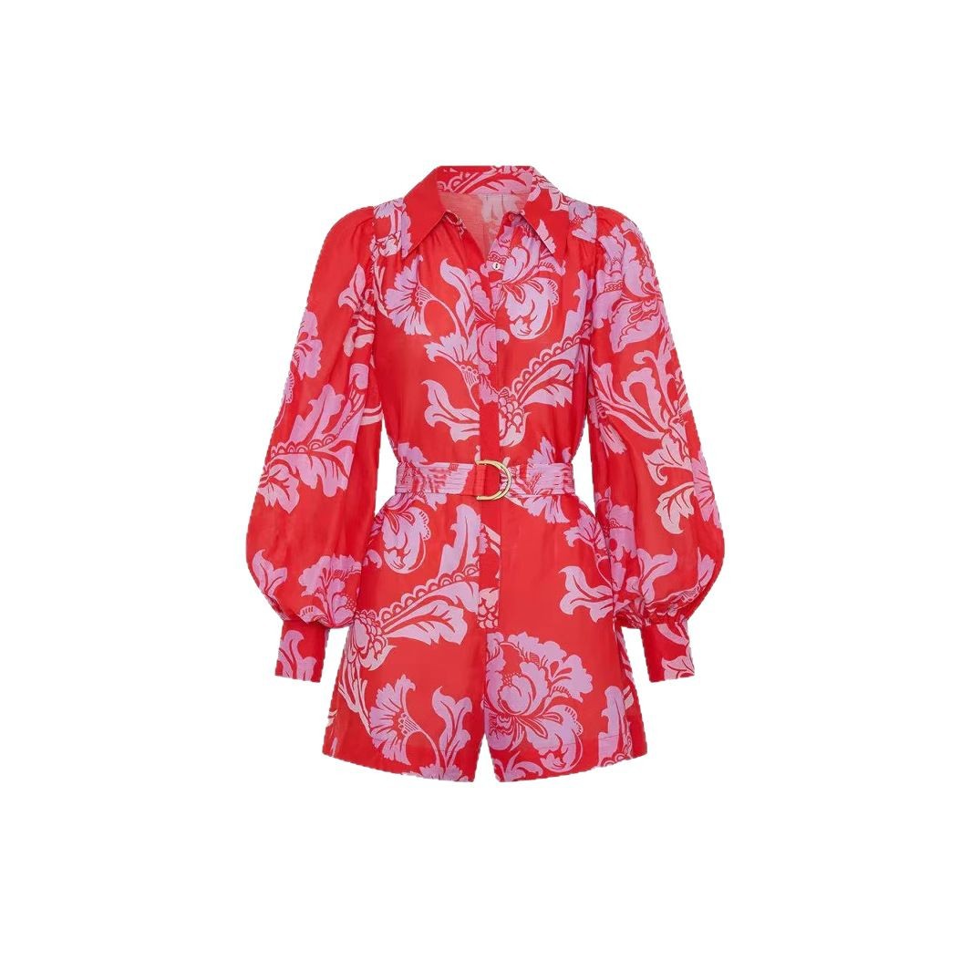 Combinaison Femme – Lin Rouge & Manches Bouffantes