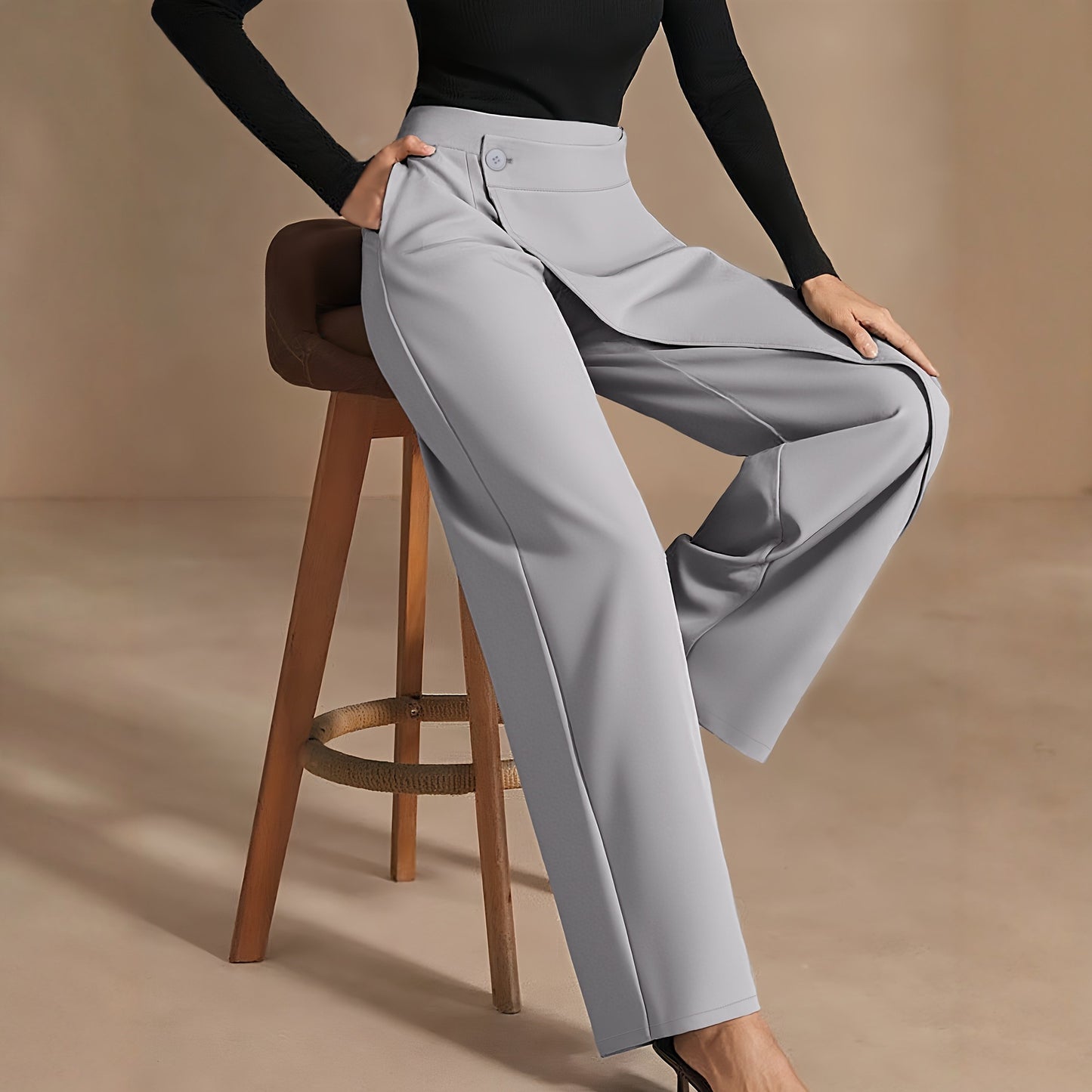Pantalon Large Femme – Taille Haute & Asymétrique