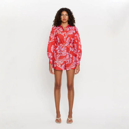 Combinaison Femme – Lin Rouge & Manches Bouffantes