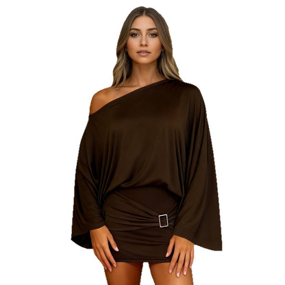 Robe Élégante à Épaule Dénudée et Manches Évasées