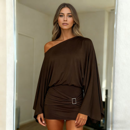 Robe Élégante à Épaule Dénudée et Manches Évasées